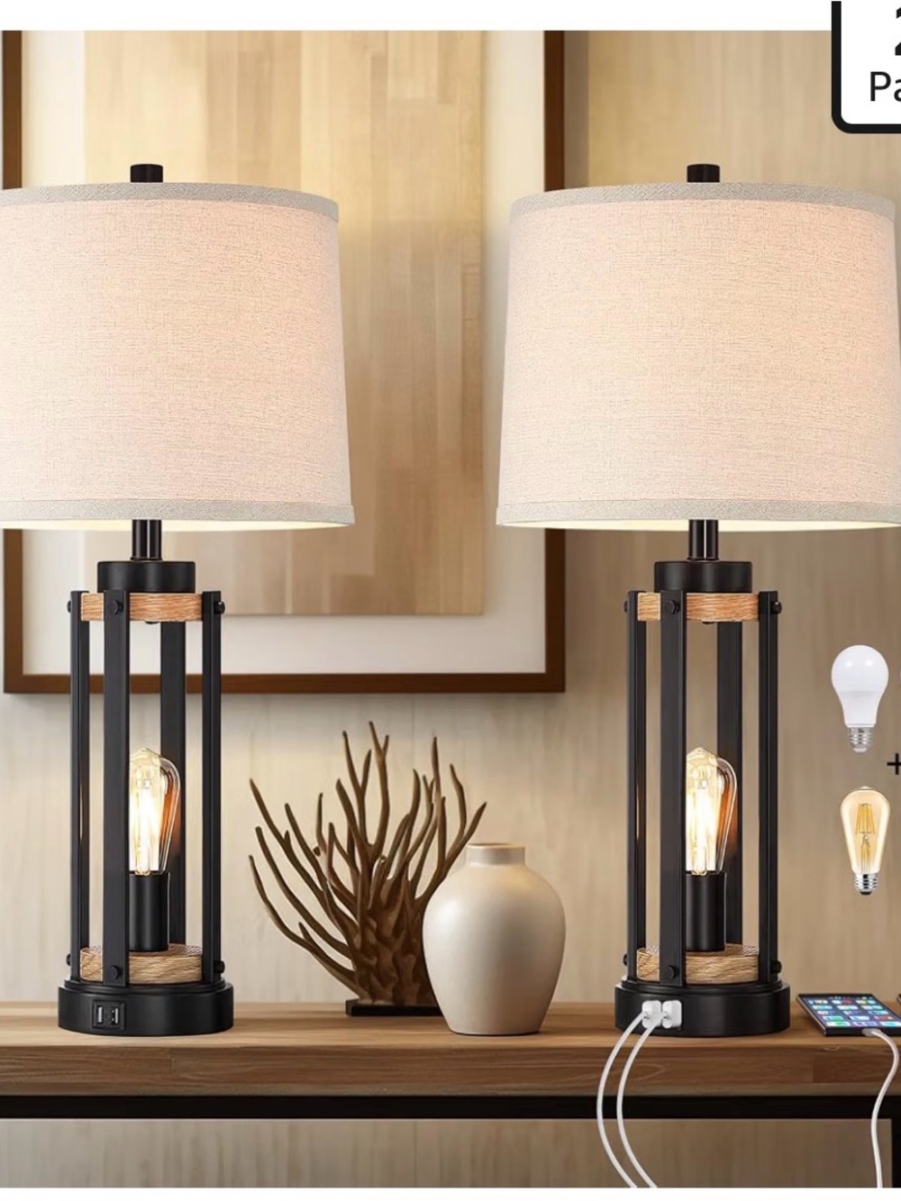Amazon Black Metal Table Lamps with Cream Shades and Wood Accents - Pair